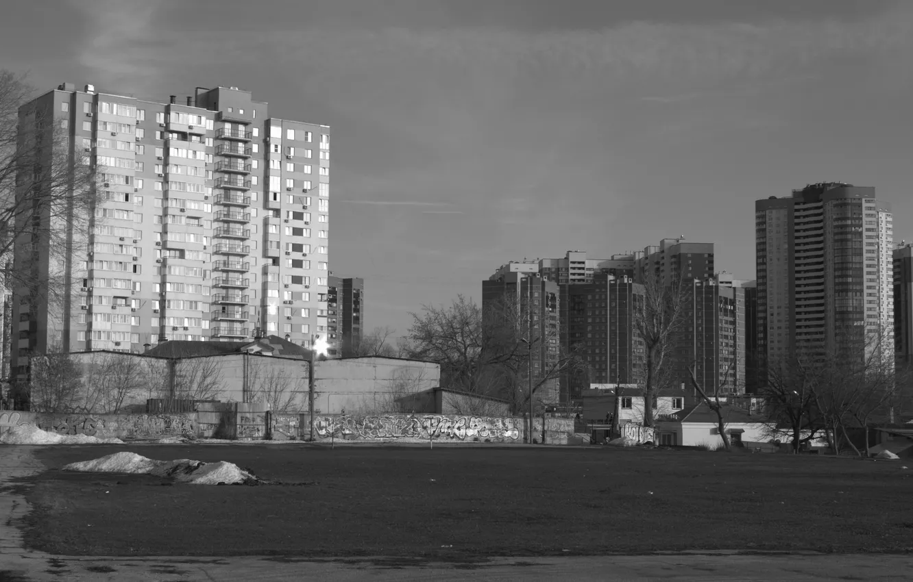 Photo wallpaper the sky, clouds, trees, the city, building, home, black and white, spring