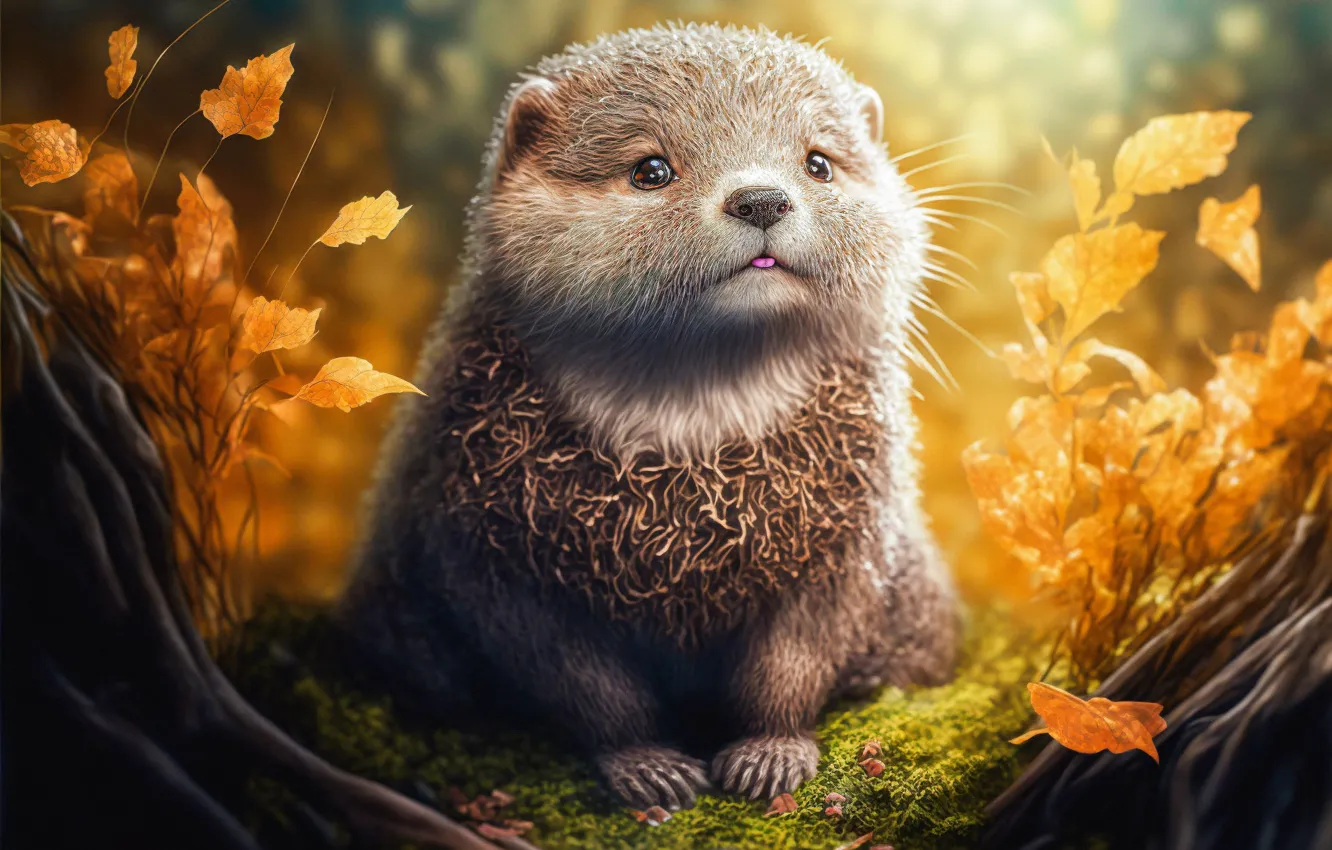 Photo wallpaper autumn, leaves, nature, rendering, graphics, animal, baby, cub