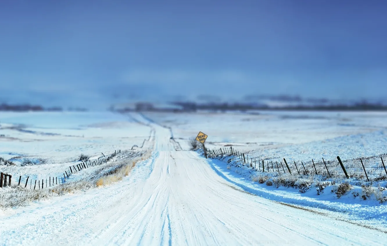 Photo wallpaper winter, road, the sky, grass, snow, landscape, nature, sign