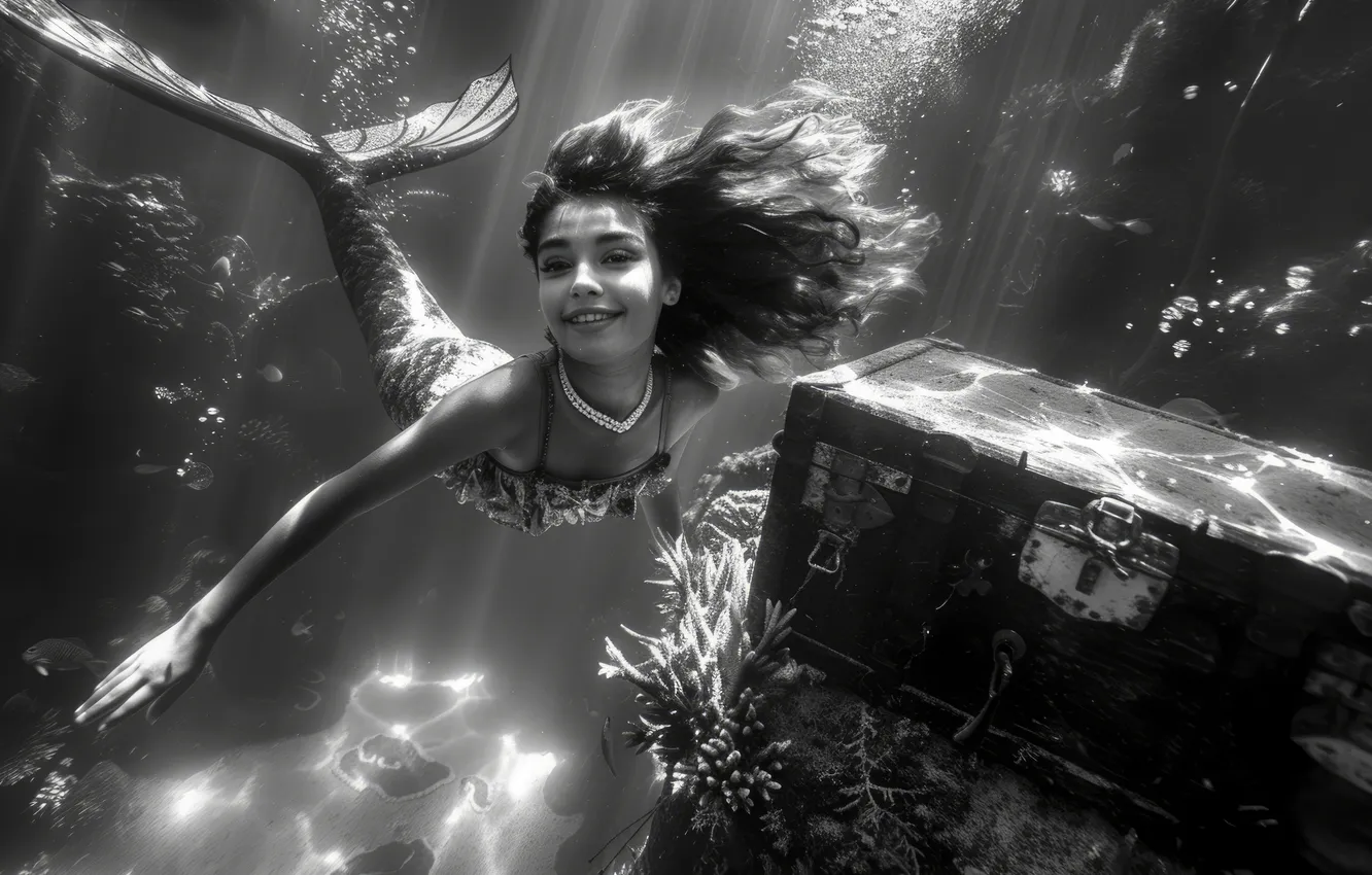 Photo wallpaper girl, smile, hair, mermaid, tail, black and white, chest, underwater world
