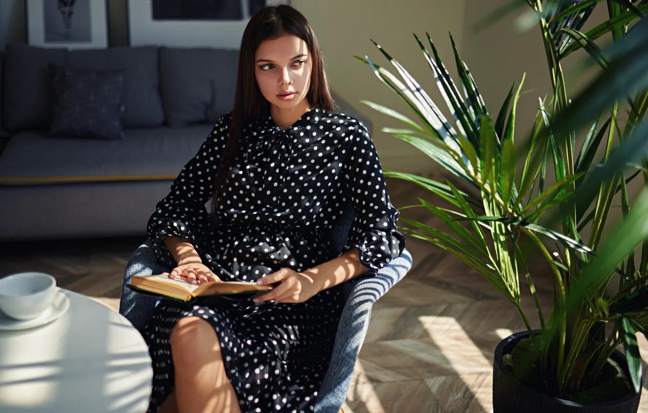 Photo wallpaper girl, palm trees, polka dot, dress, book, Sergey Fat, Sergey Zhirnov, Angelica Svoykina