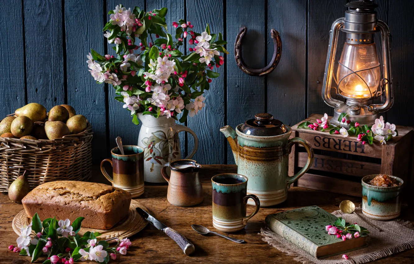 Photo wallpaper style, basket, lamp, kettle, bread, knife, book, mugs
