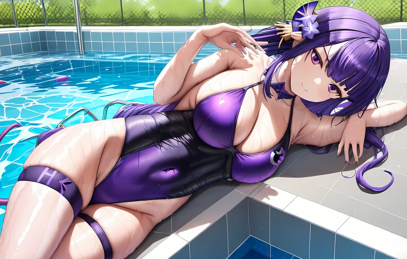 Photo wallpaper girl, sexy, wet, pool, cleavage, long hair, boobs, sexy girl