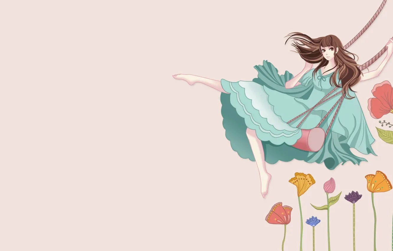 Photo wallpaper girl, flowers, swing, anime, art