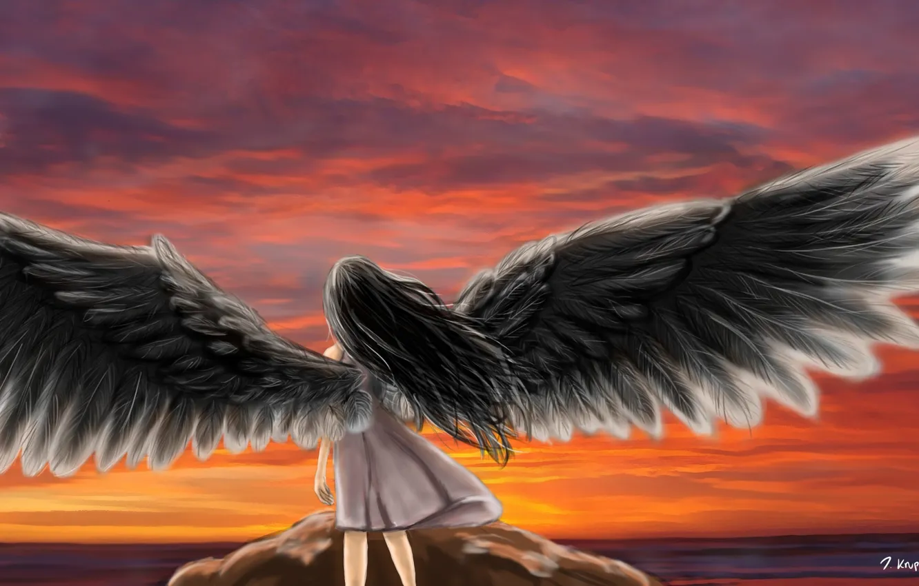 Photo wallpaper sea, the sky, girl, sunset, back, wings, angel, anime