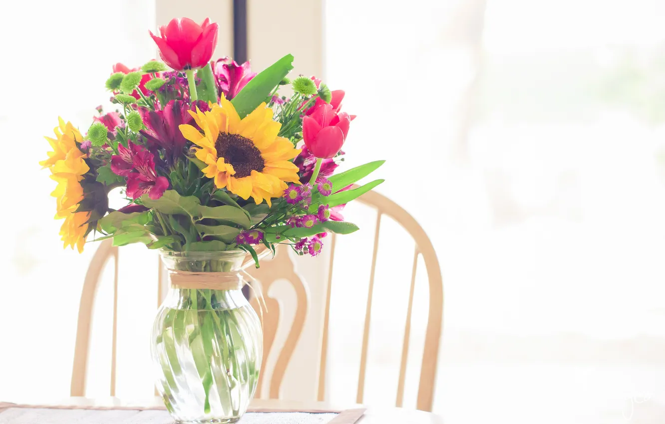 Photo wallpaper flowers, sunflower, bouquet, tulips, vase