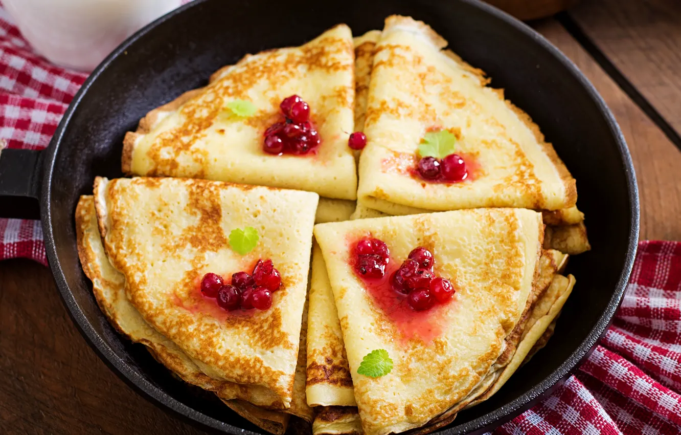Photo wallpaper red, berries, table, Board, towel, pancakes, currants, jam
