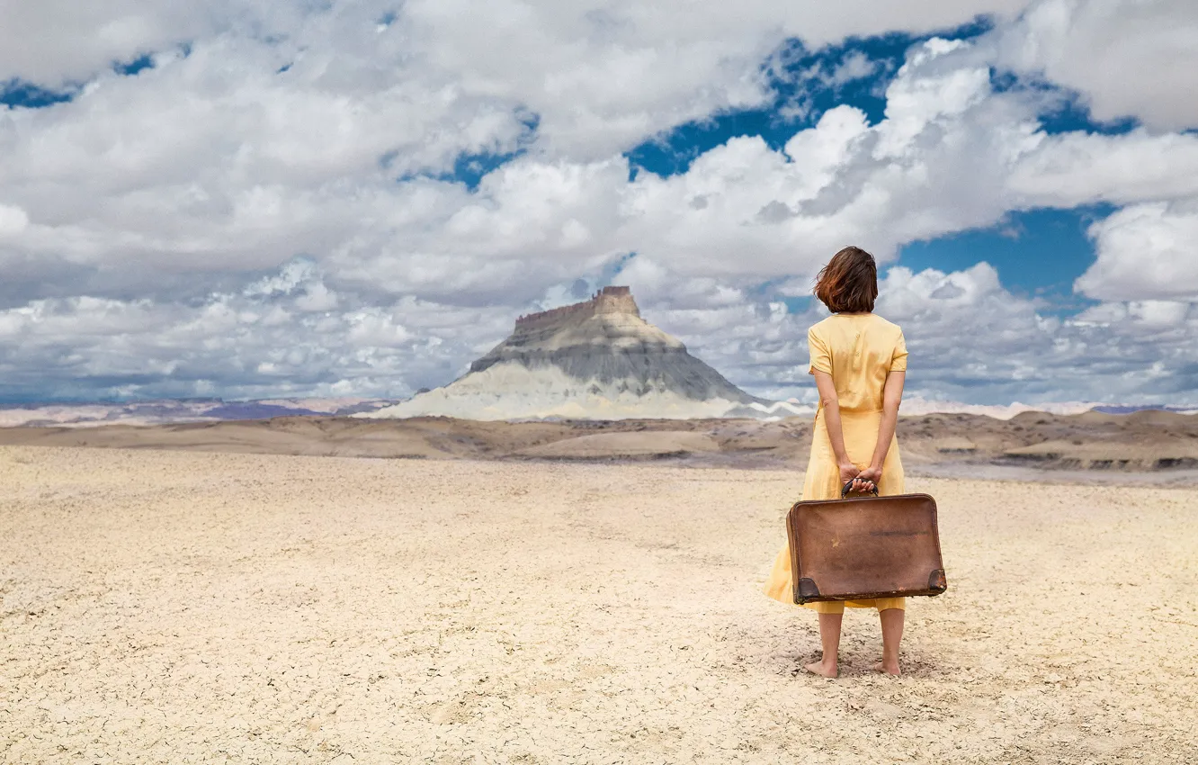 Photo wallpaper sand, the sky, girl, clouds, desert, mountain, dress, suitcase