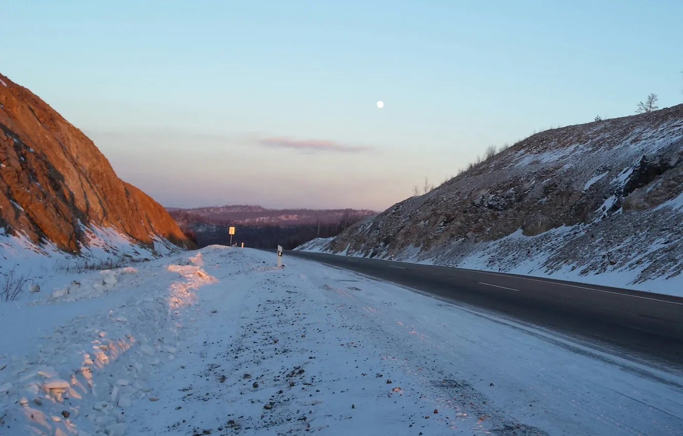 Photo wallpaper winter, road, sunset, the moon, the evening, Russia, Pass