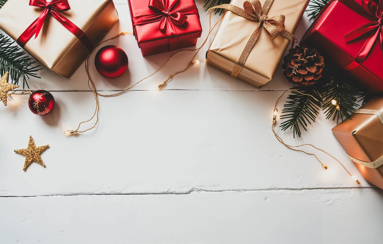 Photo wallpaper stars, balls, branches, red, box, gift, Board, new year