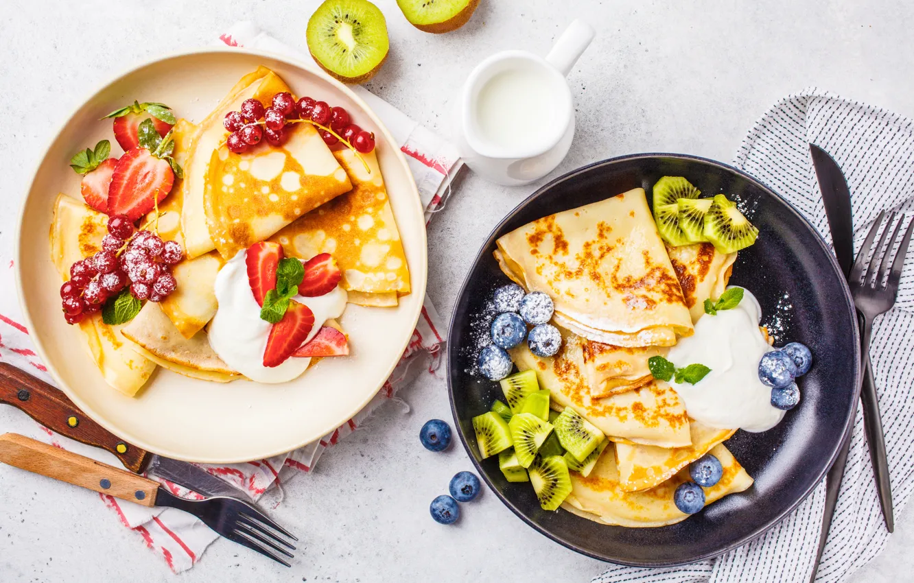 Photo wallpaper berries, food, pancakes, powdered sugar, sour cream