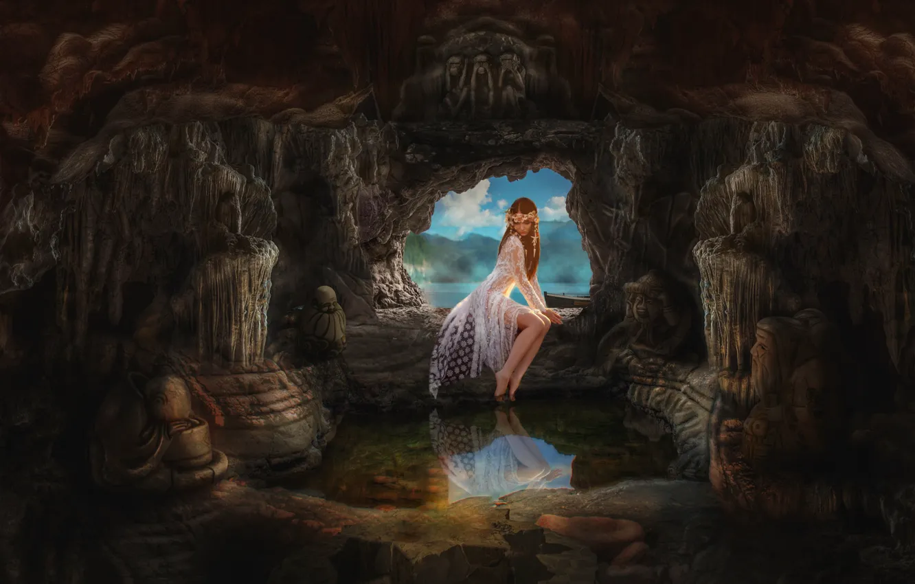 Photo wallpaper water, girl, light, pose, lake, reflection, stones, rendering