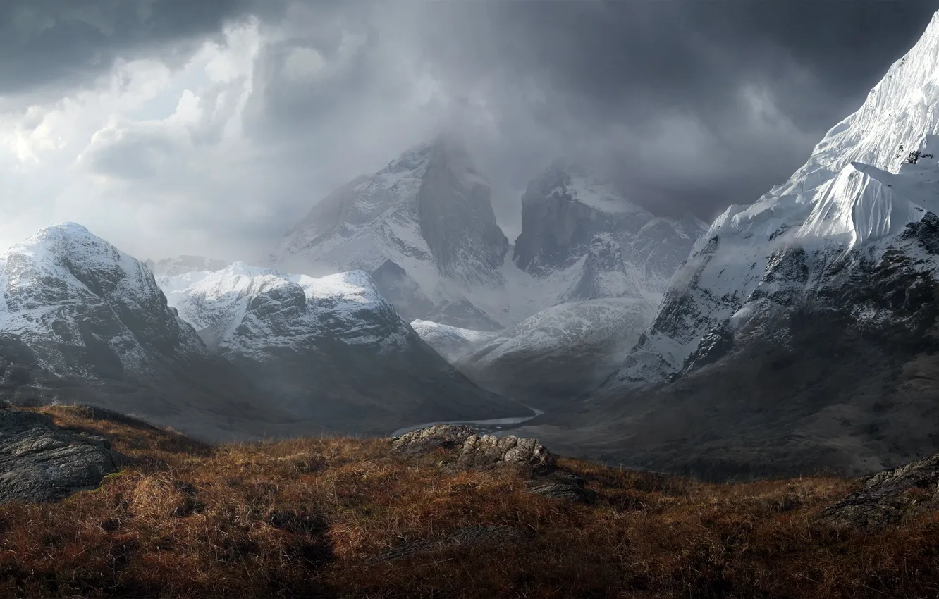 Photo wallpaper winter, the sky, clouds, snow, mountains, clouds, nature, river