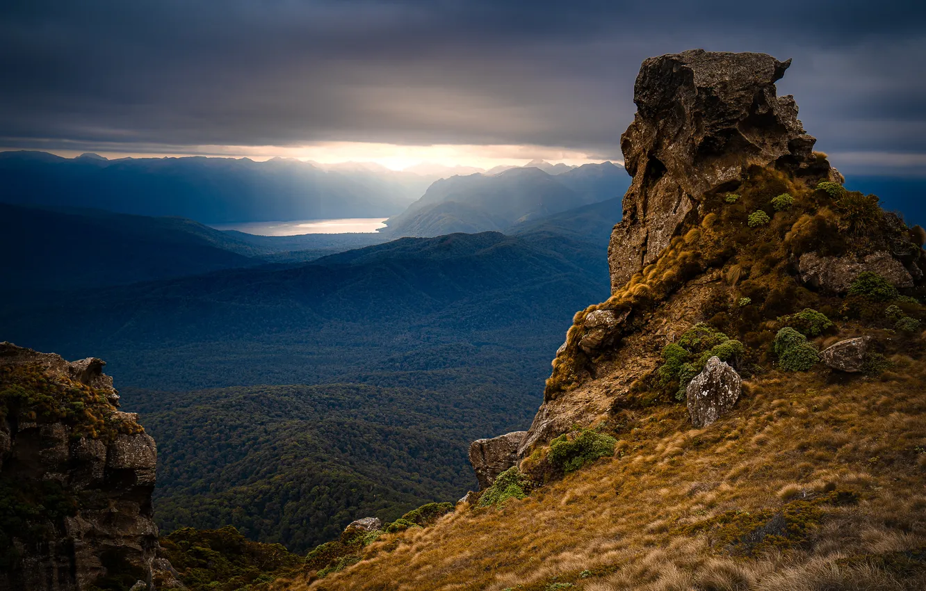 Photo wallpaper mountains, lake, rocks