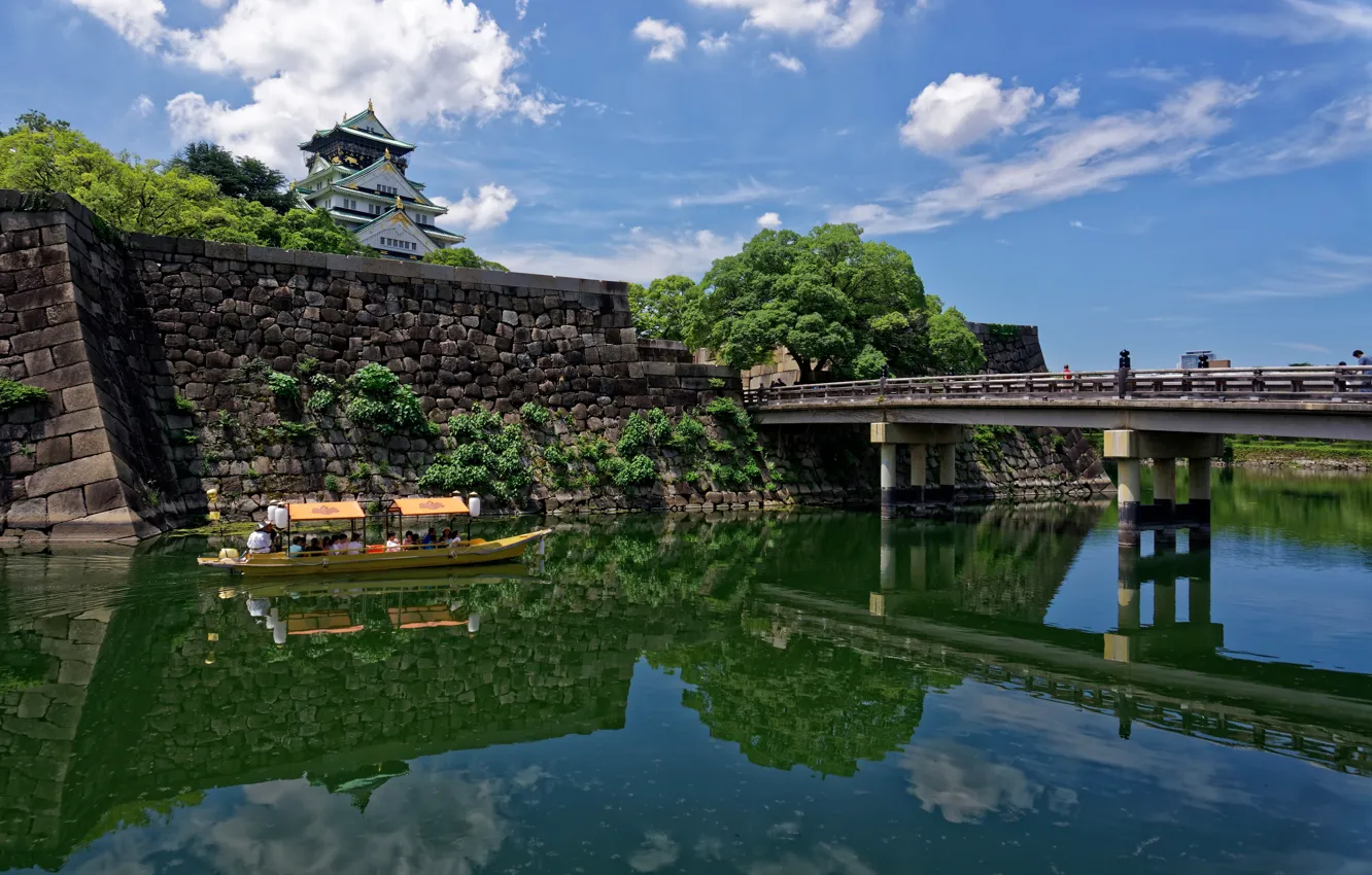 Photo wallpaper bridge, river, castle, boat, Japan, Japan, rivers, bridges