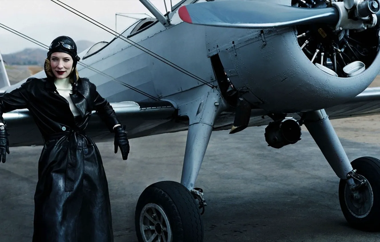 Photo wallpaper black, actress, glasses, gloves, helmet, propeller, the plane, cloak