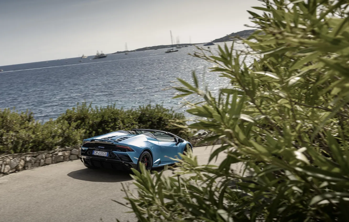 Photo wallpaper Lamborghini, supercar, sea, tree, Huracan, Lamborghini Huracan EVO Spyder