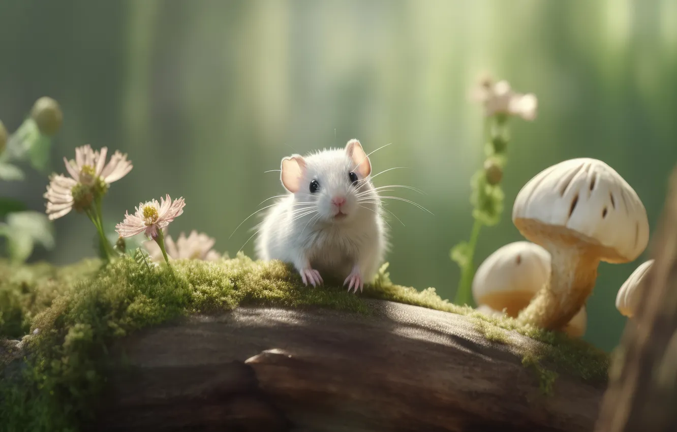 Photo wallpaper animals, flowers, bokeh, mushroom, mice, blurred, illustration, whiskers