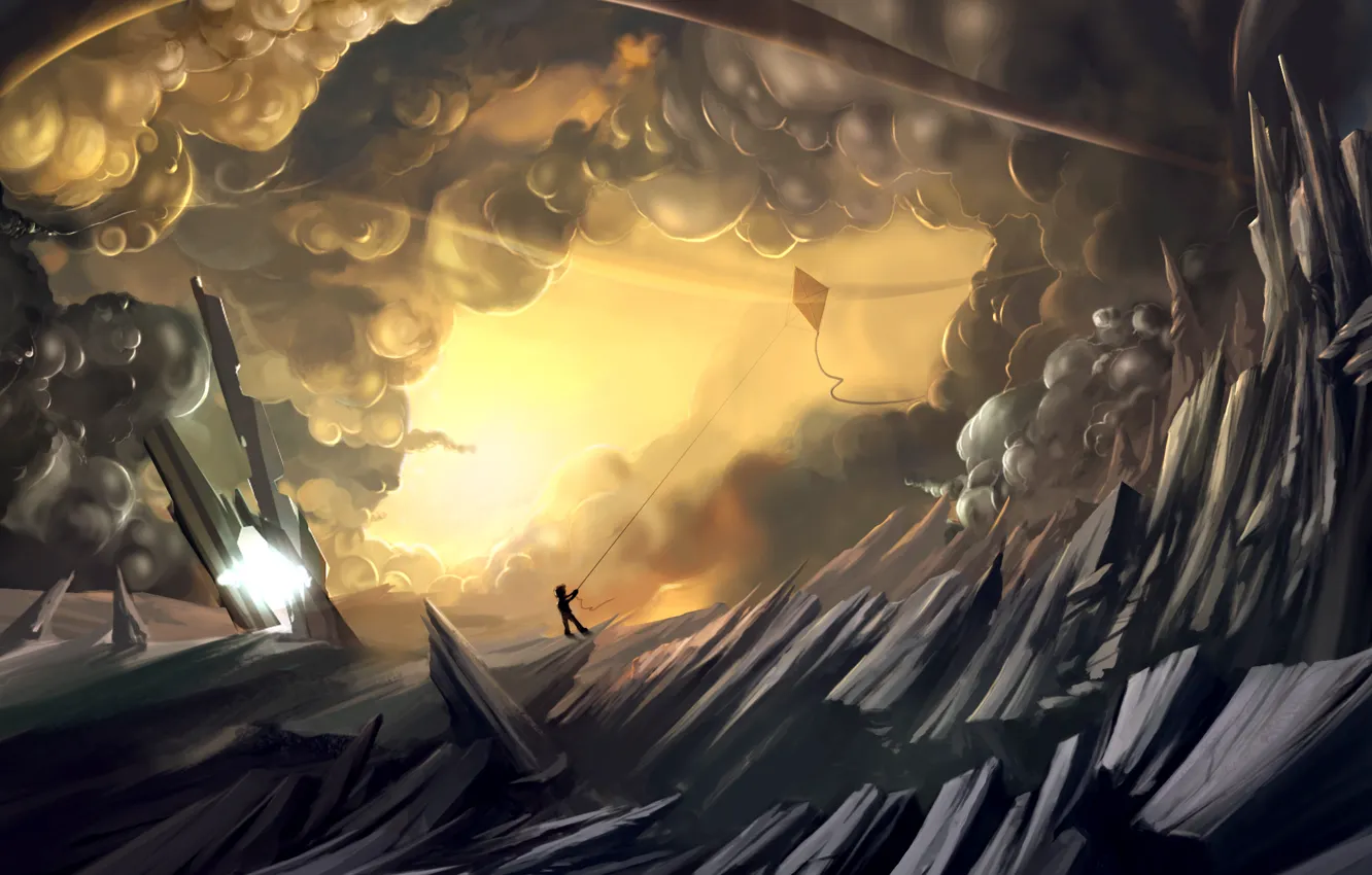 Photo wallpaper clouds, mountains, snake, boy, air