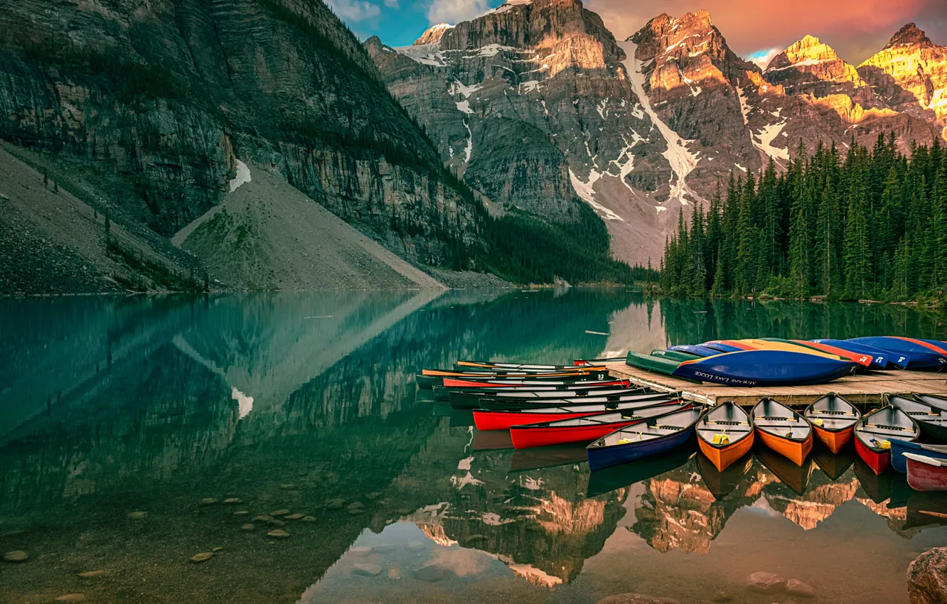 Photo wallpaper forest, landscape, mountains, nature, lake, reflection, boat, Canada