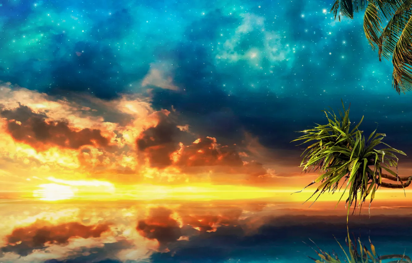 Photo wallpaper sea, the sky, sunset, palm trees, sea, sunset, palm