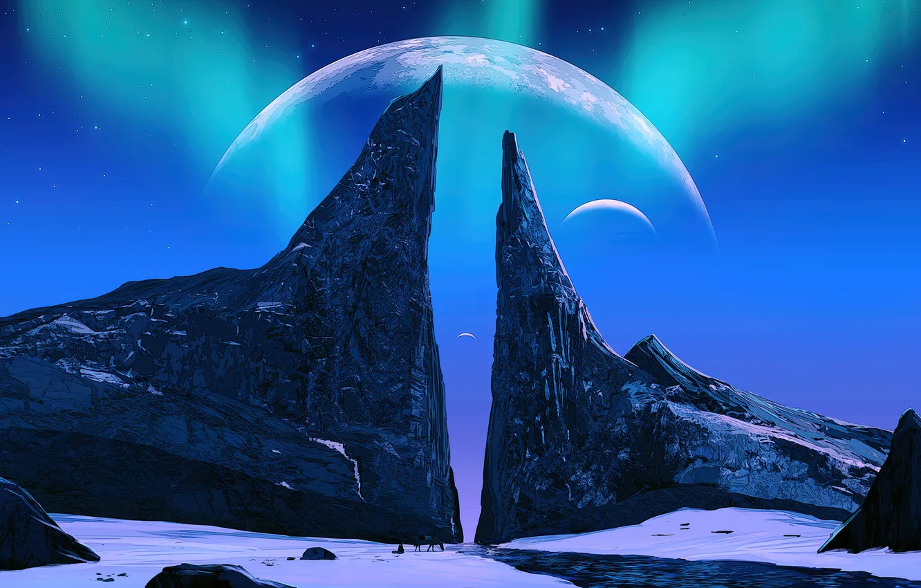 Photo wallpaper snow, night, rocks, planet, space, pass, fantasy art