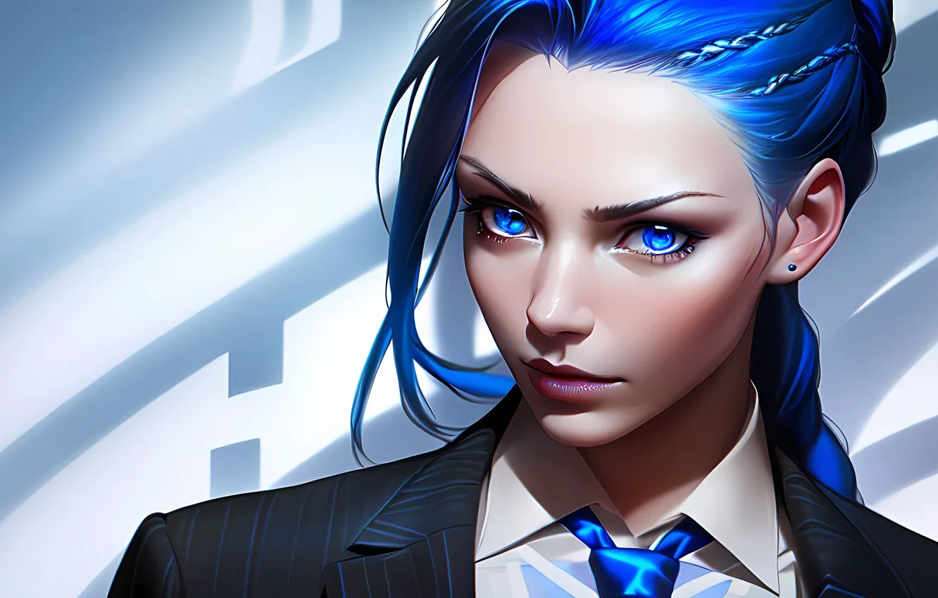 Photo wallpaper costume, tie, blue eyes, blue hair, a lock of hair, charming girl, AI art, AI …