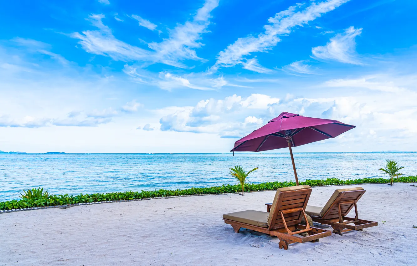Photo wallpaper sand, sea, beach, summer, the sky, shore, umbrella, summer