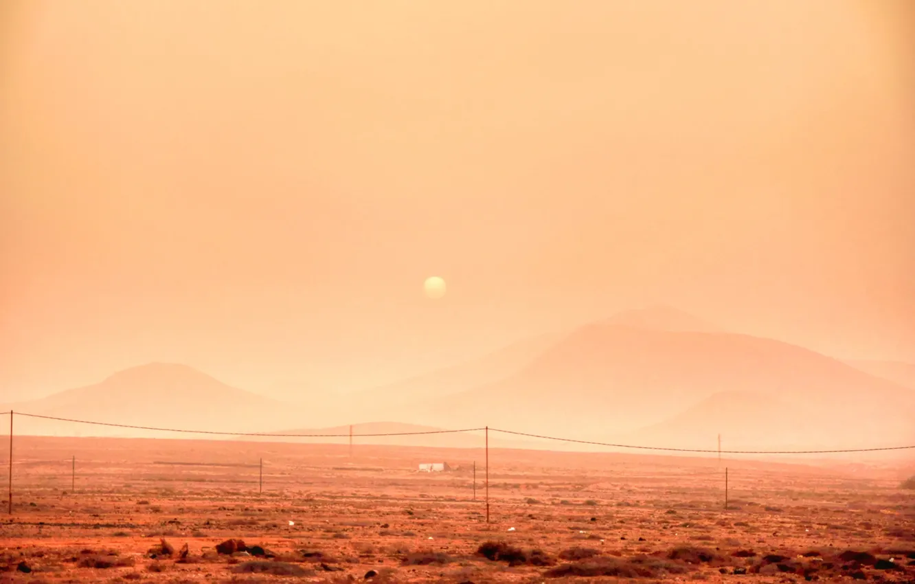 Photo wallpaper desert, sunset, dust, hills, telephone line