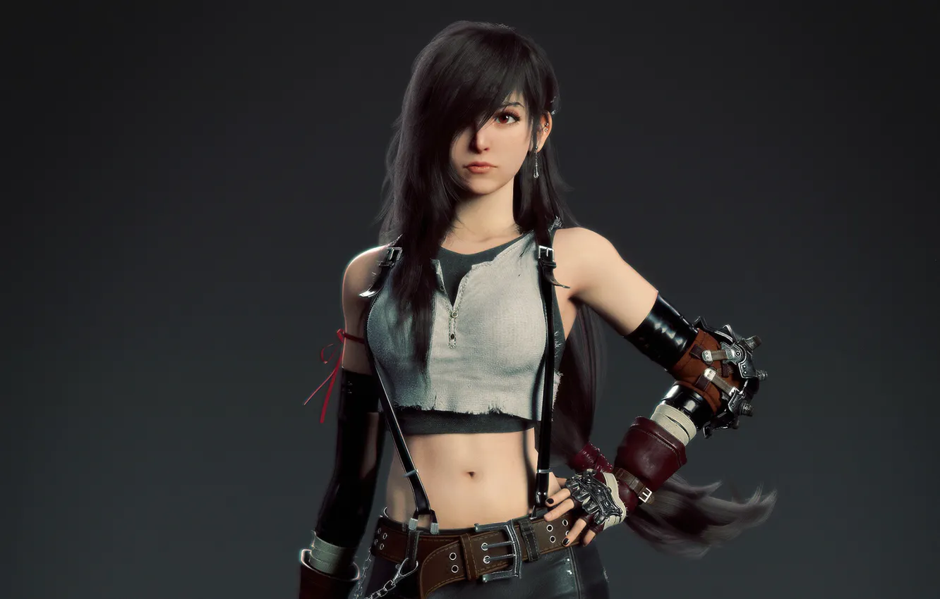 Photo wallpaper brunette, top, long hair, beautiful girl, 3D model, dark gray background, Final Fantasy VII, Tifa …