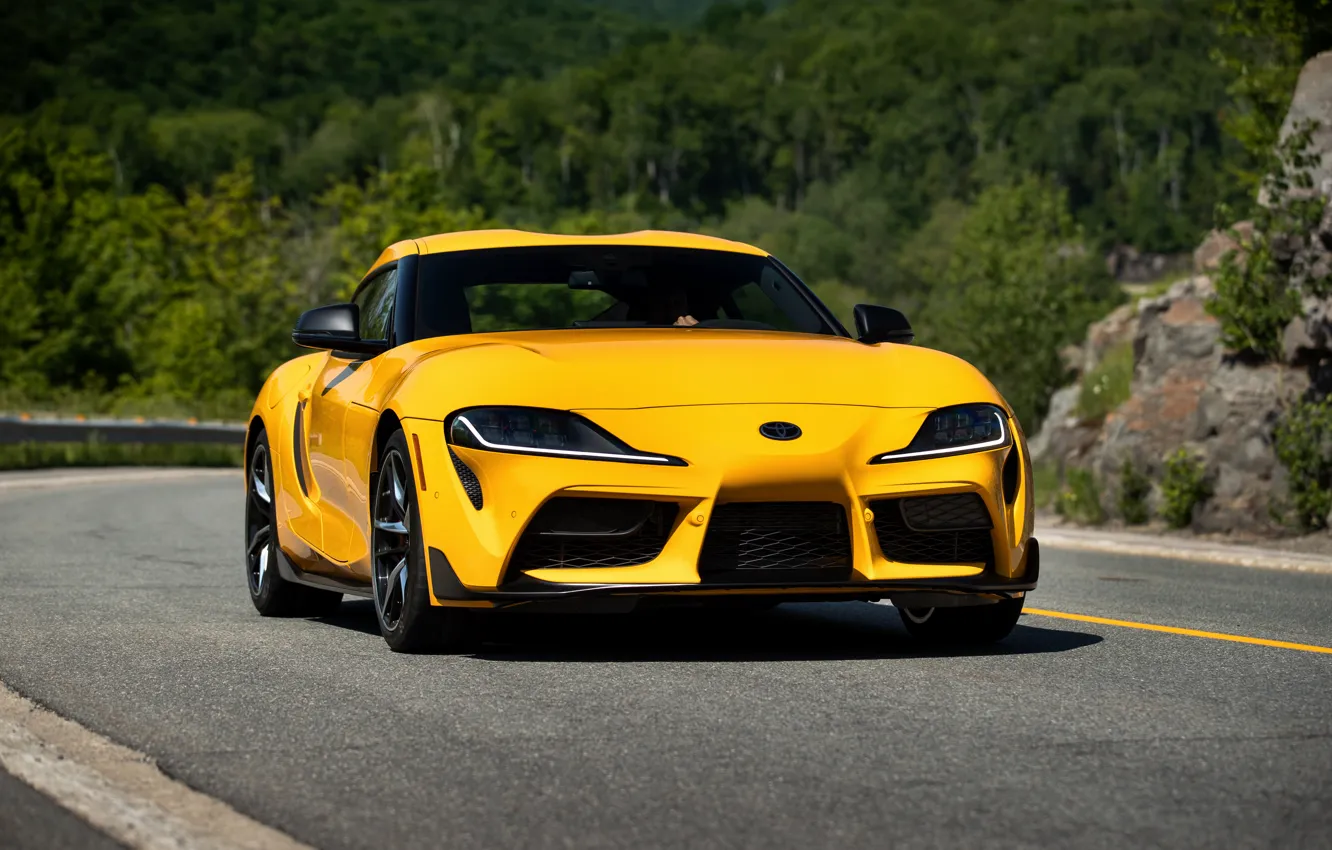 Photo wallpaper yellow, coupe, Toyota, Supra, the fifth generation, on the road, mk5, double