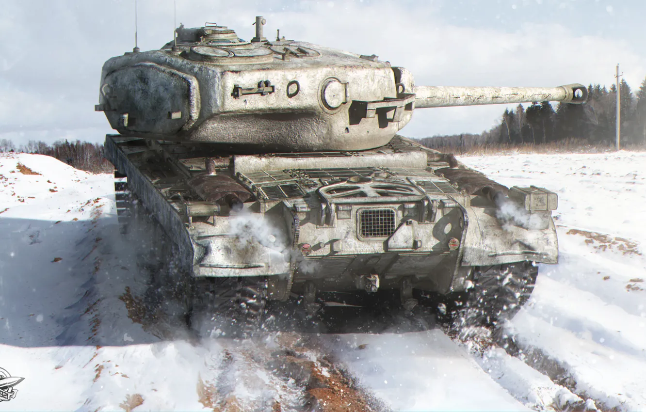 Photo wallpaper winter, field, forest, snow, tank, American, heavy, World of Tanks