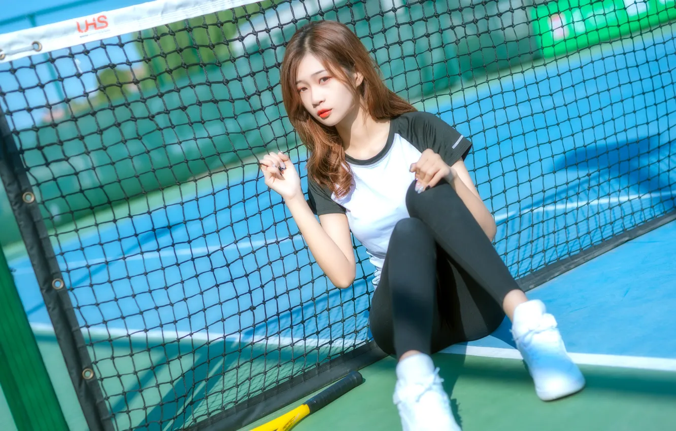 Photo wallpaper ball, net, young girl, sit on ground