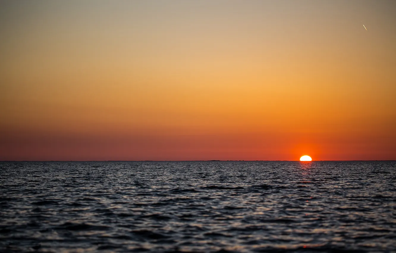 Photo wallpaper sea, sunset, horizon, orange sky