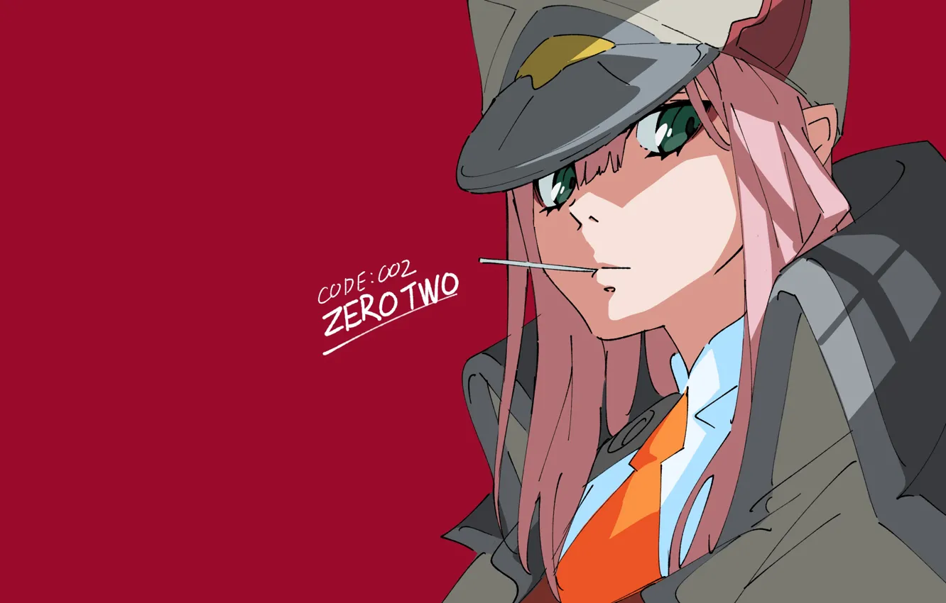 Photo wallpaper look, girl, cap, red background, 002, Darling In The Frankxx, Cute in France, Zero Two