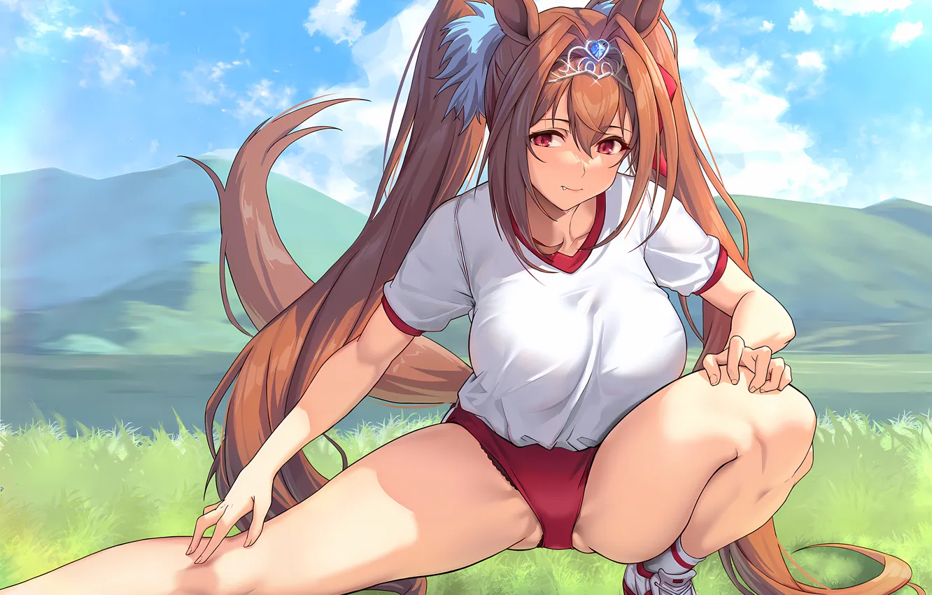 Photo wallpaper girl, sexy, shorts, long hair, legs, nature, boobs, animal ears