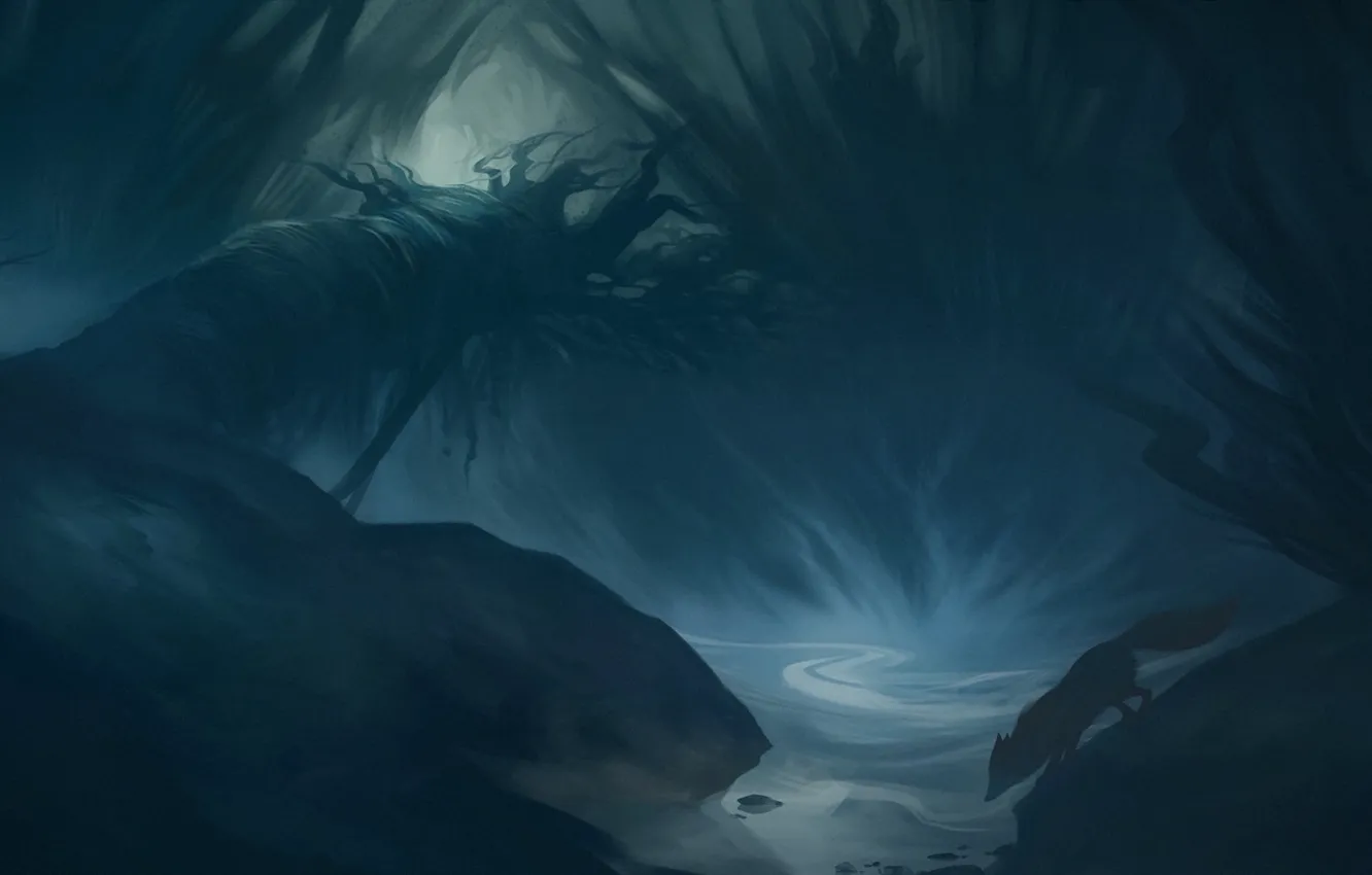 Photo wallpaper trees, night, river, art, Fox