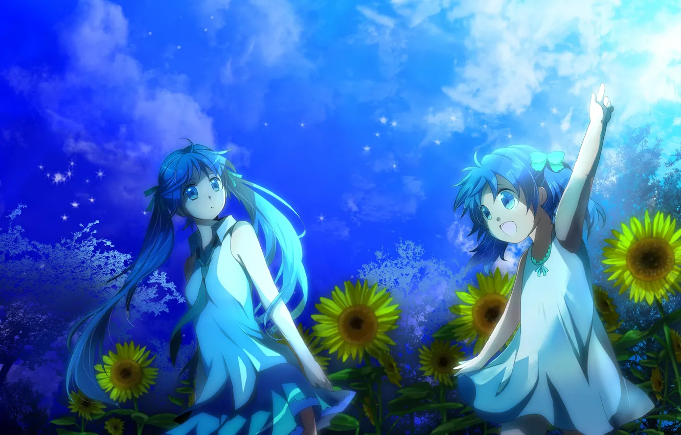 Photo wallpaper the sky, girl, stars, clouds, trees, sunflowers, flowers, nature