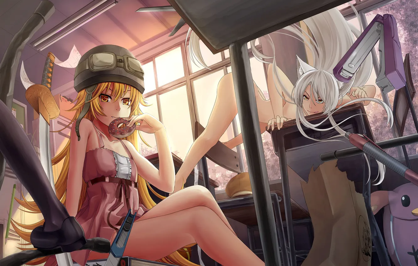 Photo wallpaper look, girl, smile, weapons, sword, tail, class, neko