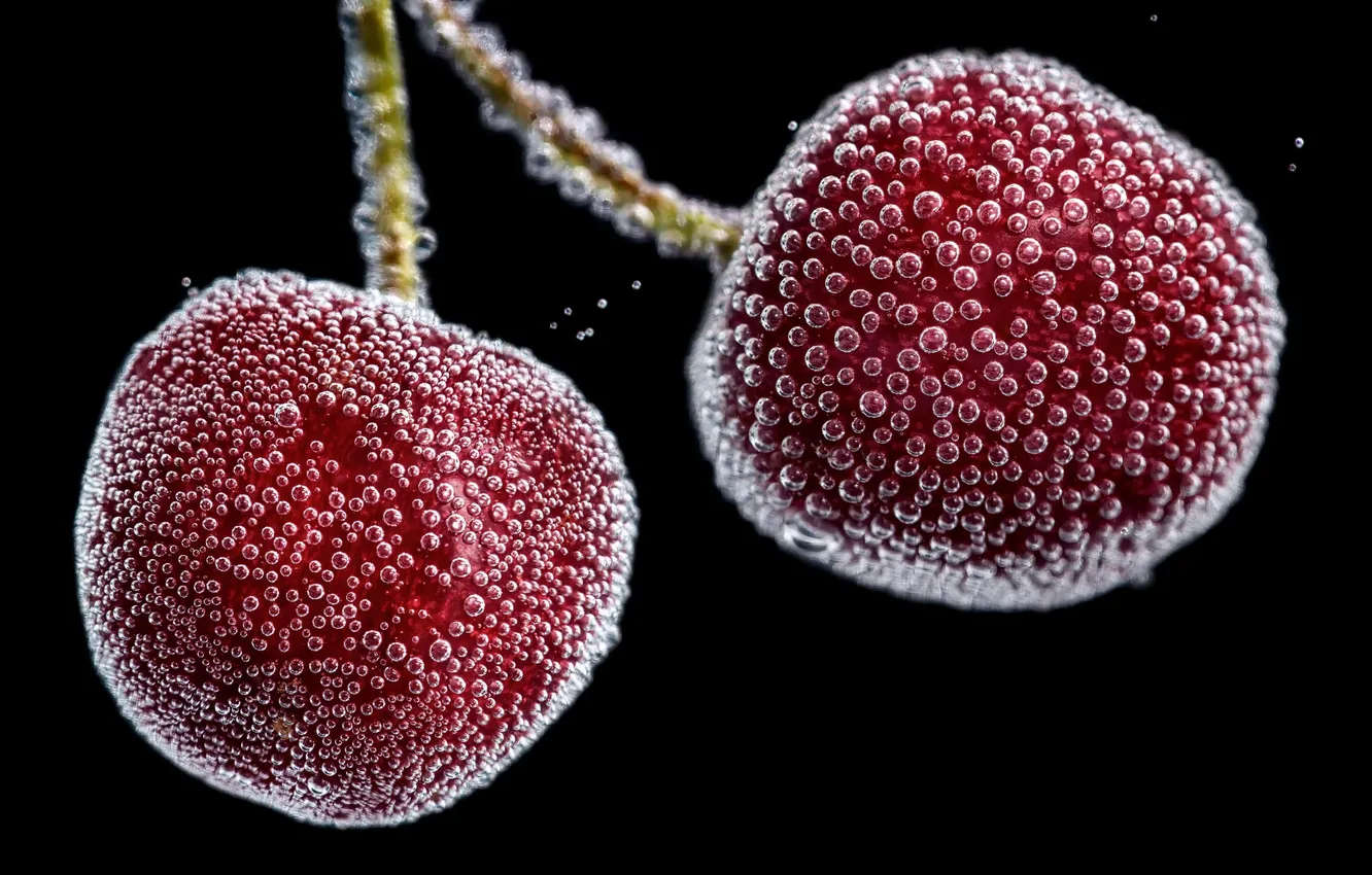 Photo wallpaper macro, cherry, up the bubbles in order