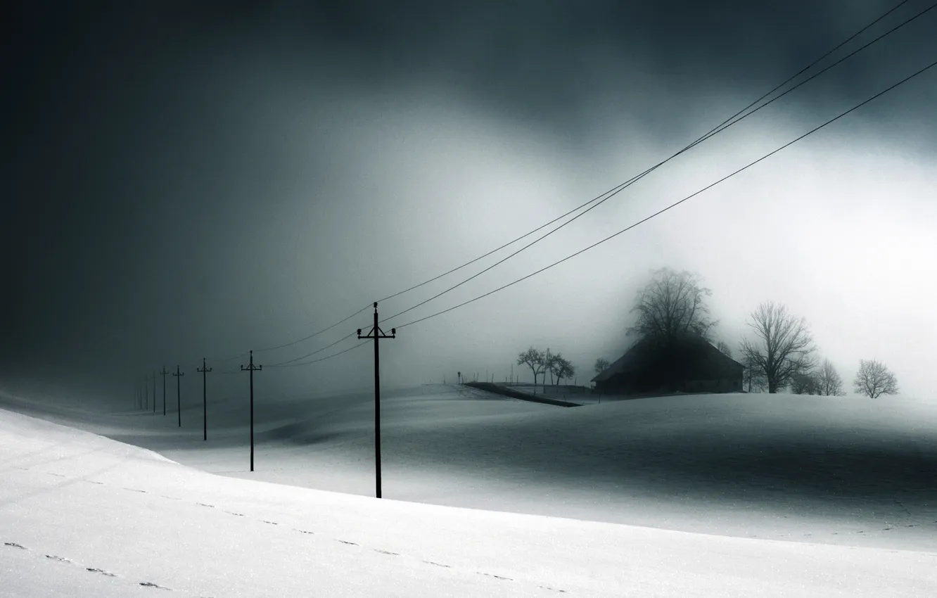 Photo wallpaper winter, snow, traces, house, treatment, shadows, power lines