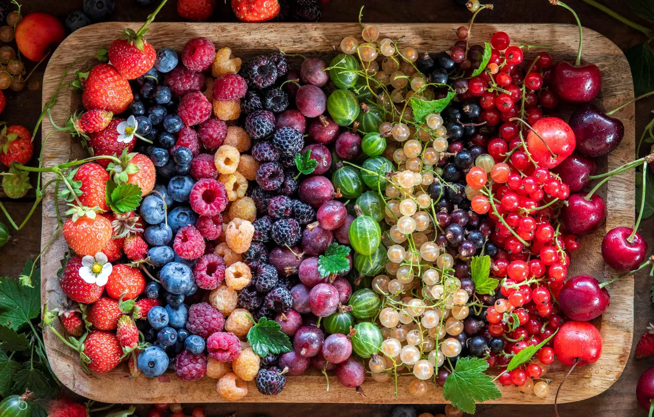 Photo wallpaper cherry, berries, raspberry, blueberries, strawberry, a lot, currants, gooseberry