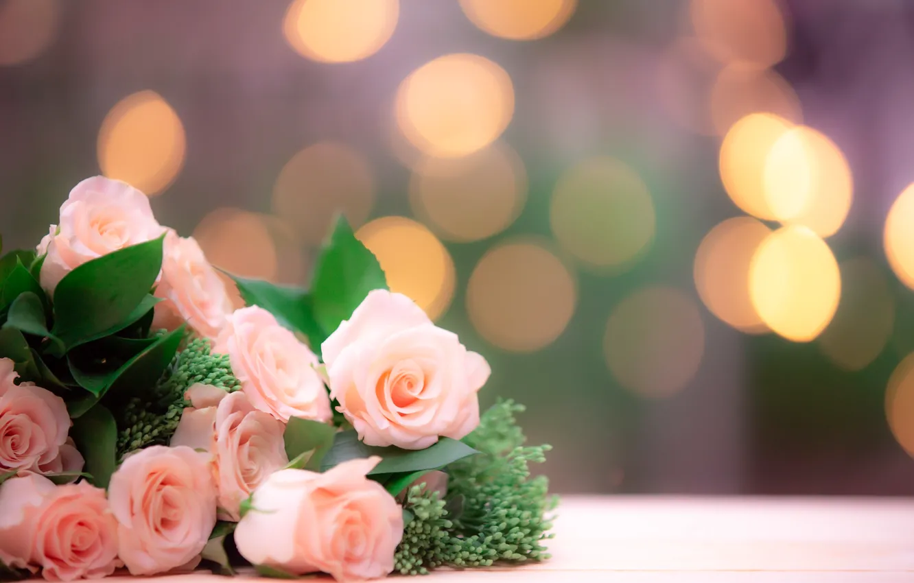 Photo wallpaper background, roses, bouquet, pink, bokeh
