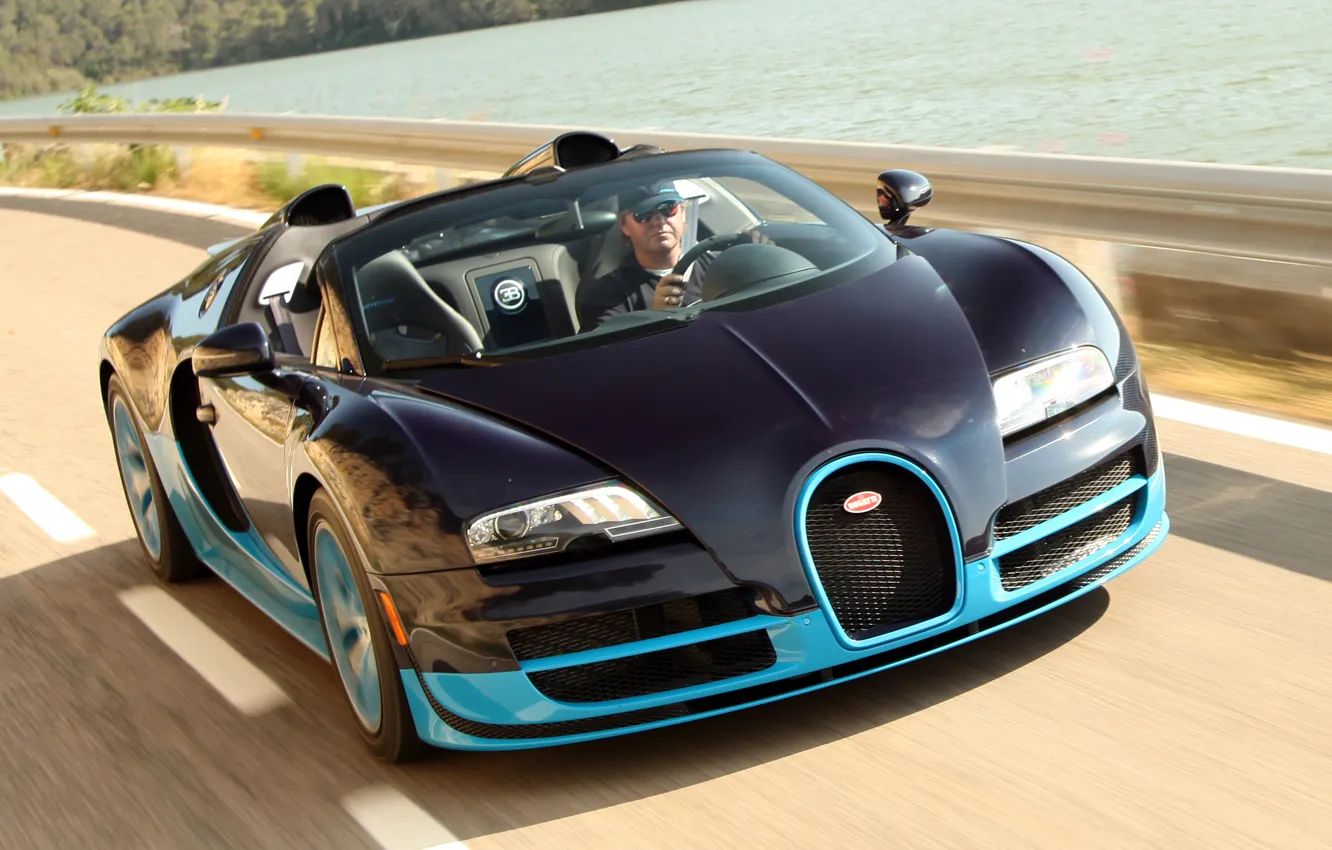 Photo wallpaper Roadster, Bugatti Veyron, black, blue, Grand Sport, Vitesse