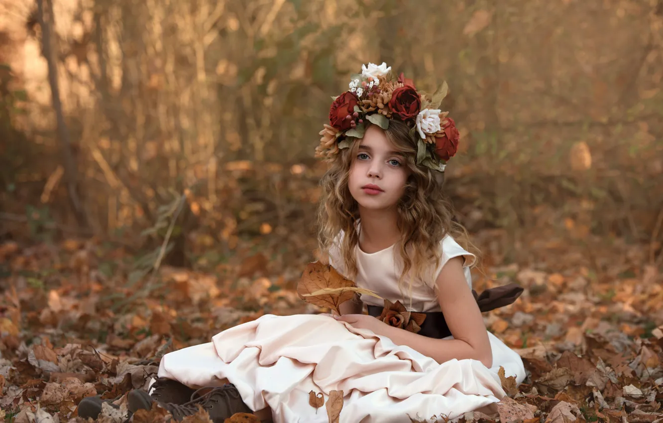 Photo wallpaper autumn, flowers, nature, shoes, dress, girl, wreath