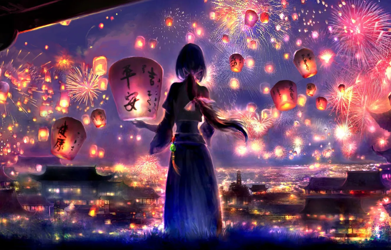 Photo wallpaper girl, night, the city, lanterns