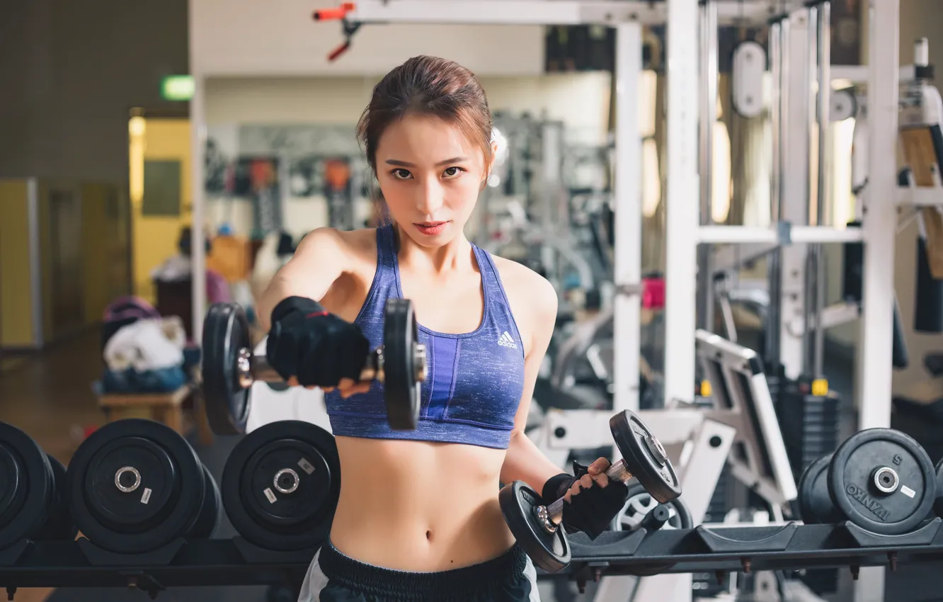 Photo wallpaper girl, face, hair, figure, fitness, the gym, dumbbells