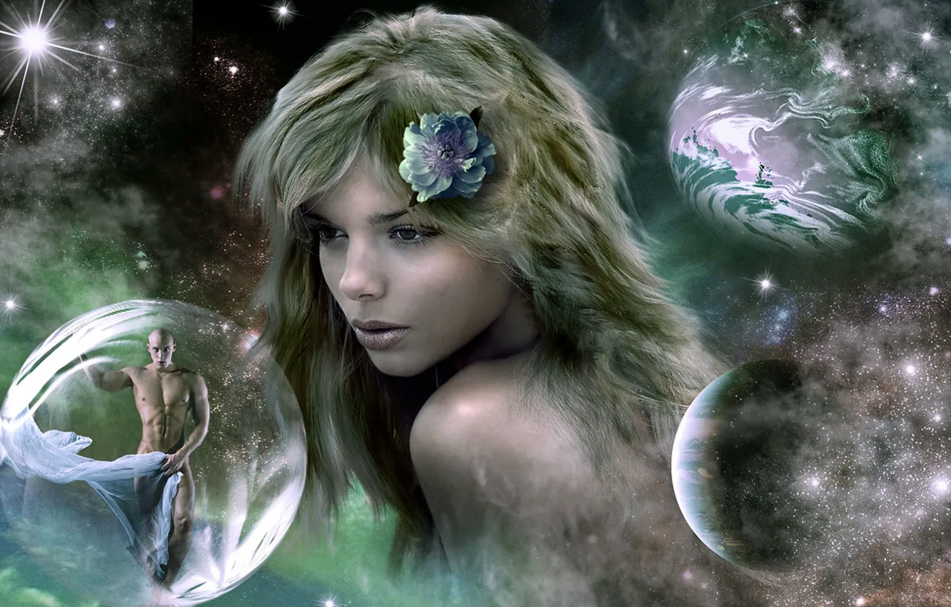Photo wallpaper girl, flowers, bubbles, the universe, planet, male