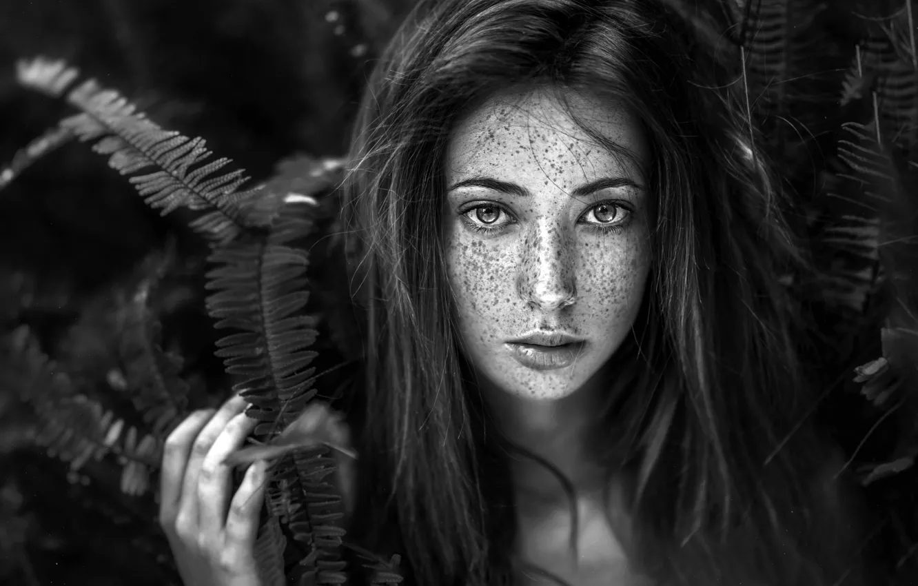 Photo wallpaper look, leaves, girl, branches, face, model, portrait, makeup