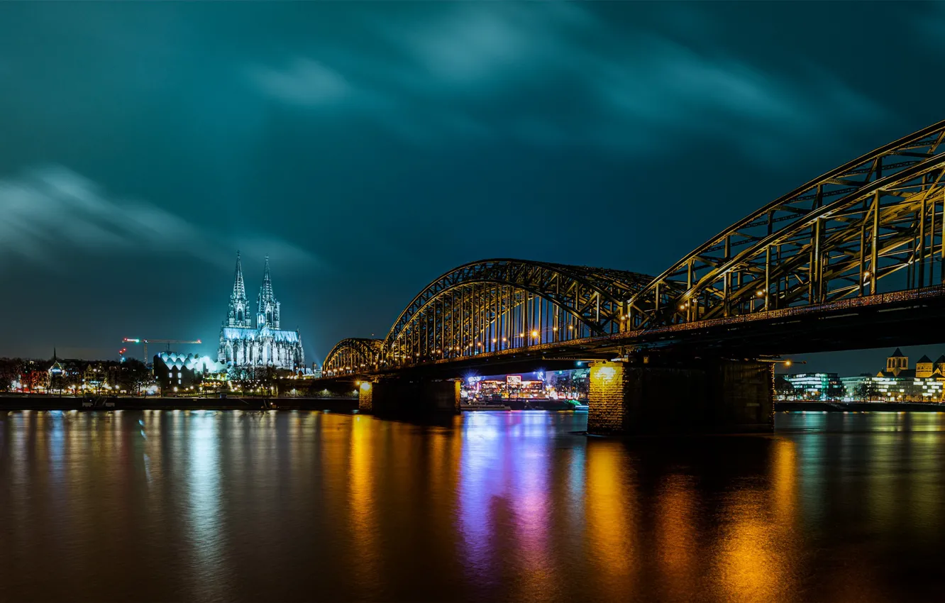 Photo wallpaper bridge, lights, Germany, Cologne